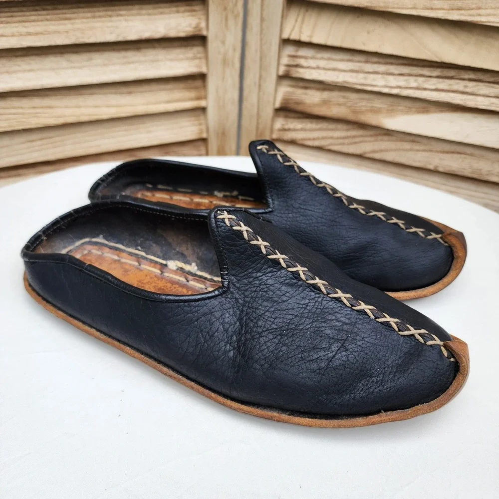 Handmade EU 41 US 8 Black Leather Traditional Arab Slippers Mules Persian Genie